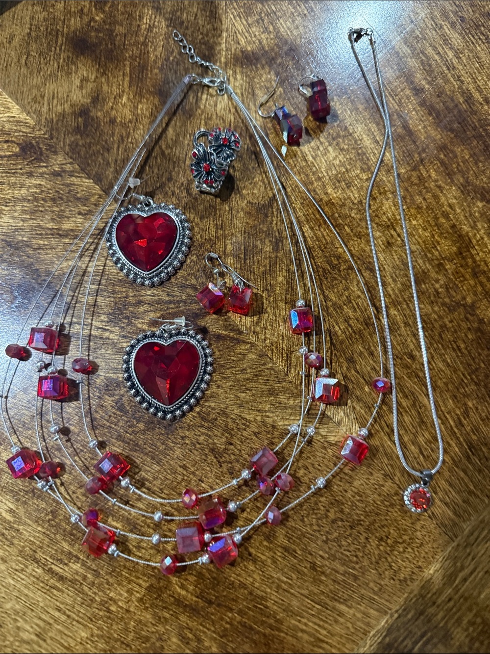 Red Crystal Heart Multi-Strand Necklace Set - Women